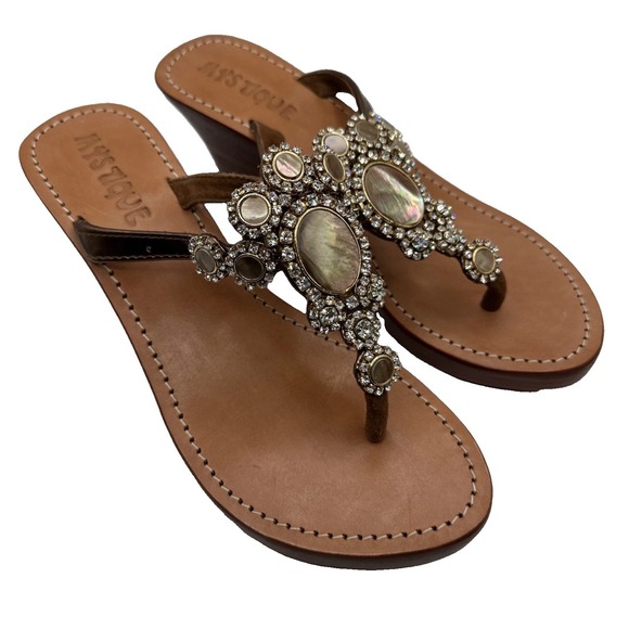 Mystique Boutique Shoes - Mystique Brown Leather Jeweled Crystal Stone Embellished Wedge Sandals Sz 8